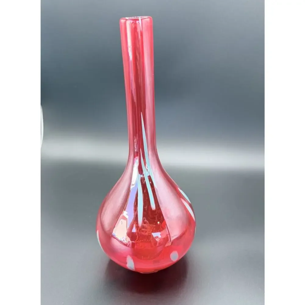 Vintage Red Swung Glass Bud Vase Applied Blue Dots MCM Art Glass 12”